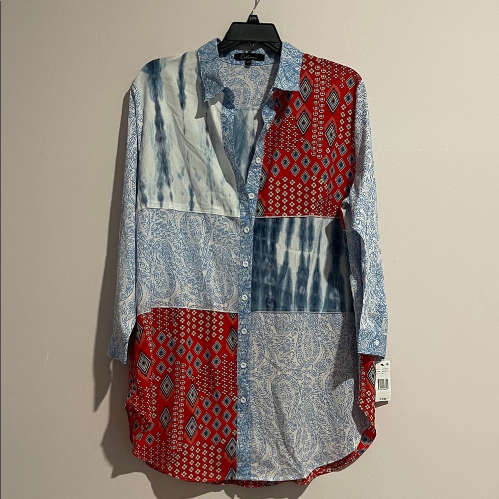 CALESSA TUNIC BLOUSE  3/4 SLEEVE TIERED PATCHWORK MIXED PRINT MULTICOL plus size
